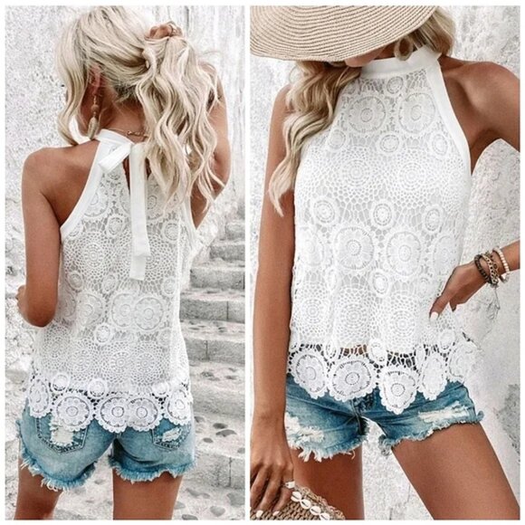 Boho Embroidered Floral Lace Halter Top Blouse White - Picture 1 of 7